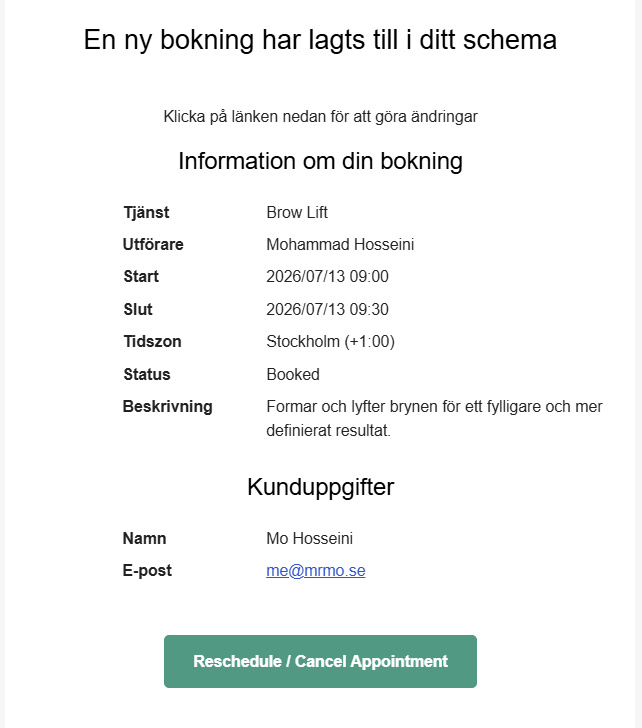 Automatiskt bekräftelsemejl för en bokning