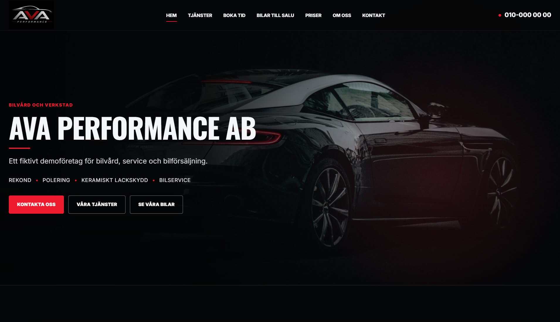 Startsidan för konceptexemplet AVA Performance, skrivbordsvy